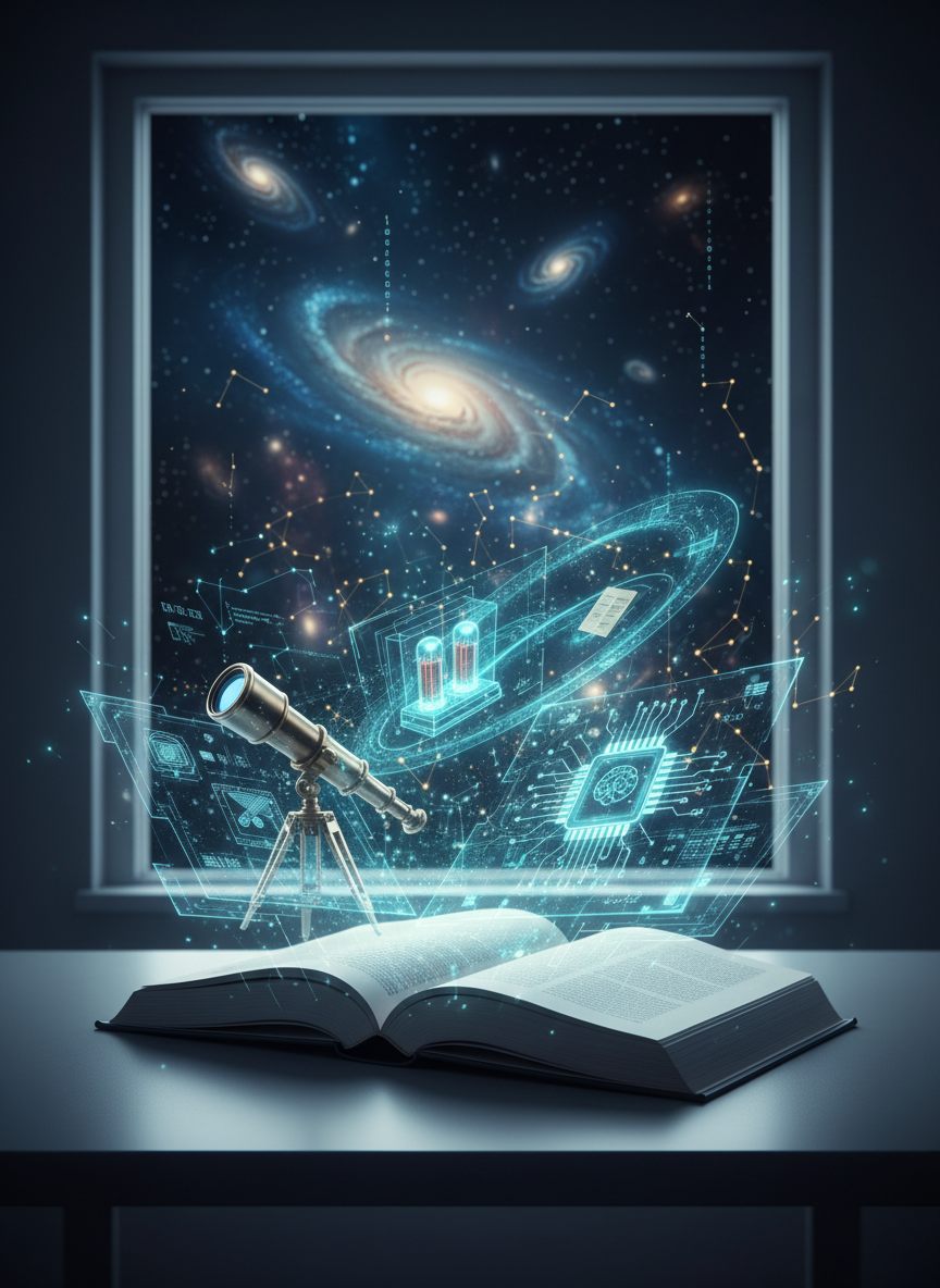 An open, hardbound book lies on a smooth, charcoal-gray desk, its pages transforming mid-air into translucent holographic diagrams of early telescopes, vintage computers, and modern AI chips. Fine textures in the paper fade seamlessly into luminous circuit patterns and orbit lines. Behind the book, a large window reveals a stylized night sky fading into outer space, dotted with abstract galaxies and data points. Soft, cool-toned light spills from the window, casting gentle shadows and subtle paper highlights. The atmosphere is quietly dramatic and intellectually curious. The digital-art composition uses a three-quarter, eye-level view with rule-of-thirds placement of the book, crisp foreground detail, and a softly diffused cosmic background, ideal for illustrating curiosity meeting evidence across time.