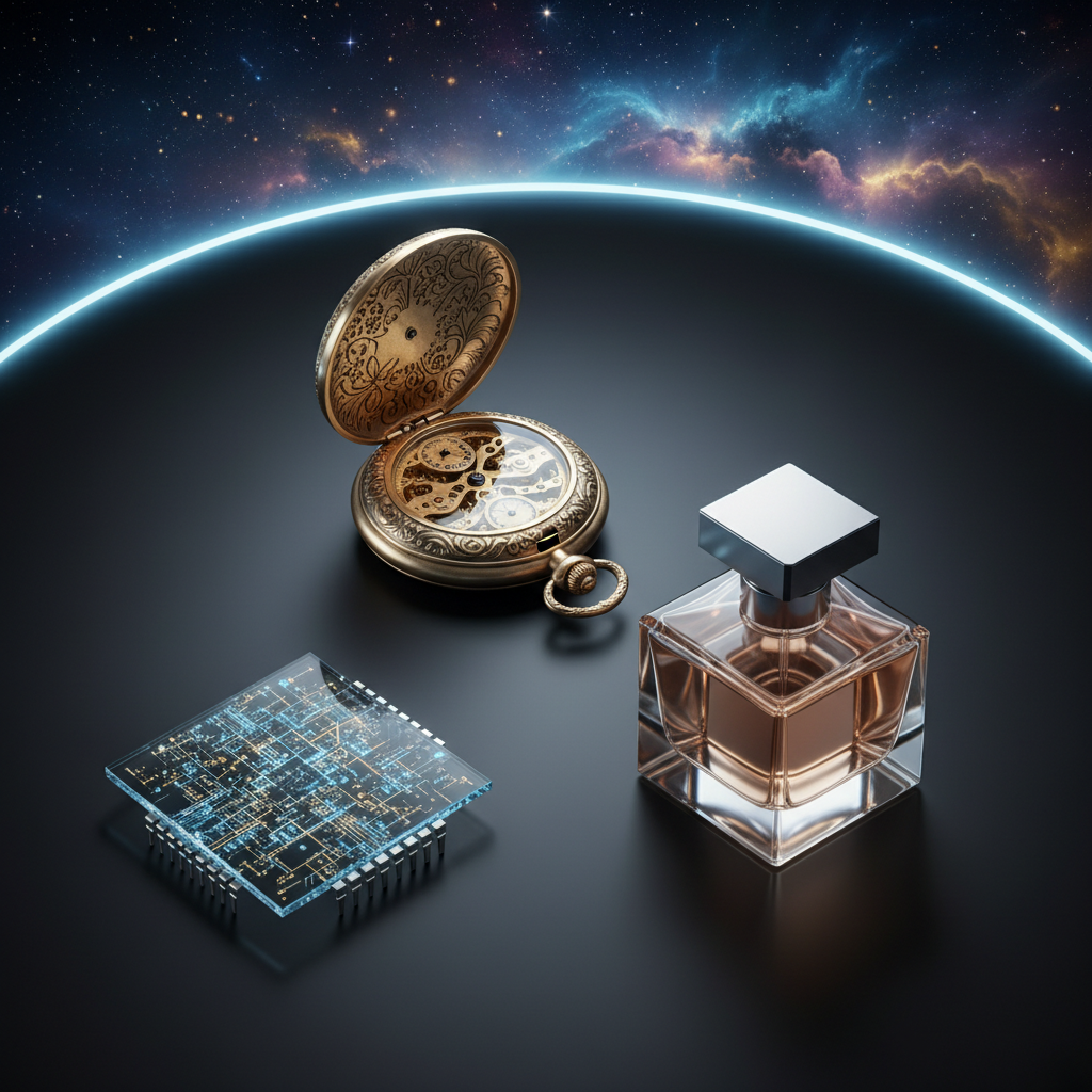 On a pristine, matte-black surface, a vintage brass pocket watch, a minimalist glass microchip, and an elegant geometric perfume bottle form a precise triangular arrangement. Fine engravings on the watch, etched circuits on the chip, and the faceted transparency of the bottle are rendered with meticulous detail. Above them, a thin, glowing arc curves like a horizon, gradually dissolving into a star-studded, abstract cosmos suggesting data clouds. A cool spotlight from above creates sharp, refined shadows and gleaming highlights, giving each object sculptural presence. The mood is polished, luxurious, and analytical, bridging history, technology, beauty, and fashion. The digital-art image is shot from a slightly elevated angle with a shallow depth of field, focusing attention on textures and reflections while the cosmic arc remains softly blurred yet legible as a sky-to-space metaphor.
