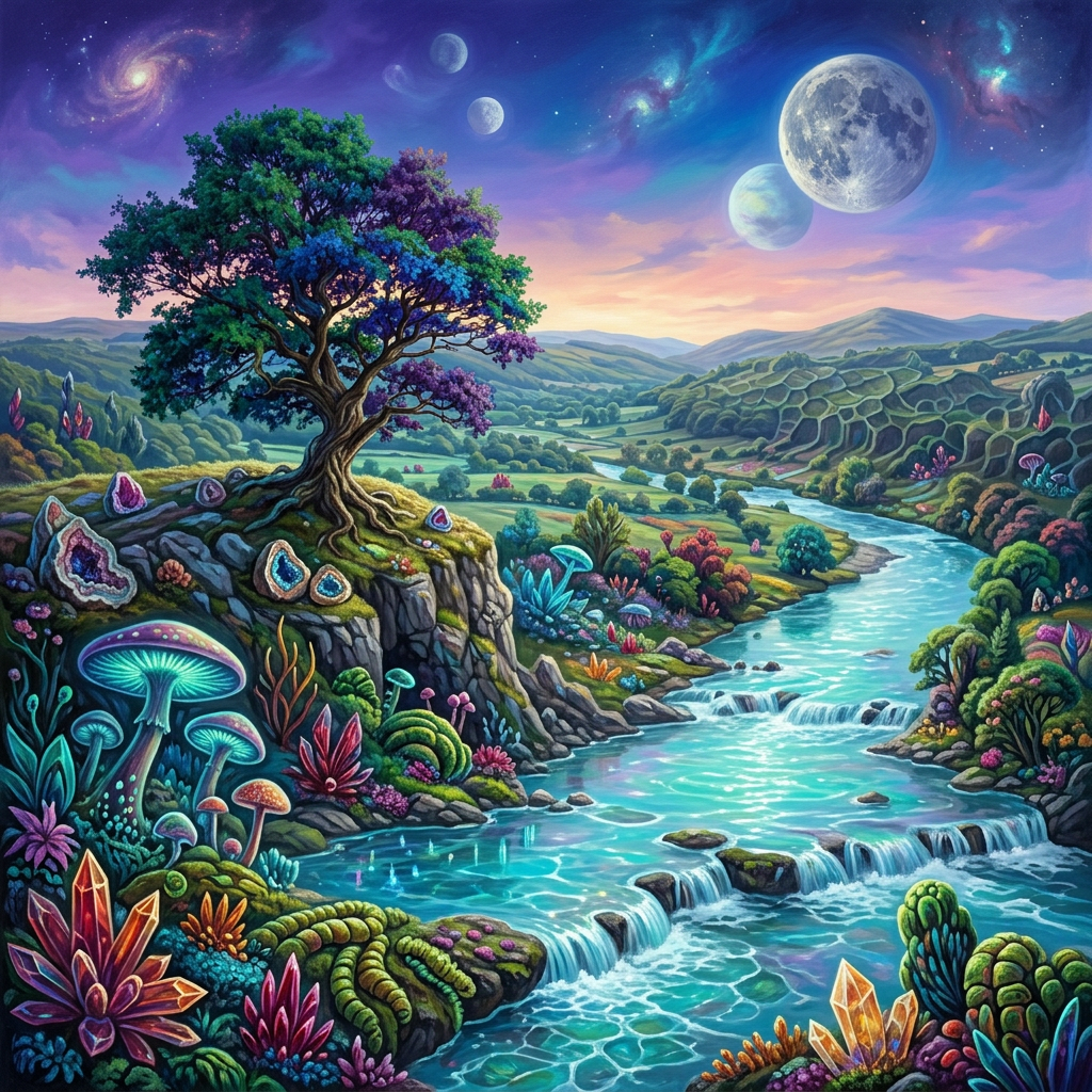Colorful fantasy landscape with glowing crystals, large tree, river, and multiple moons in sky