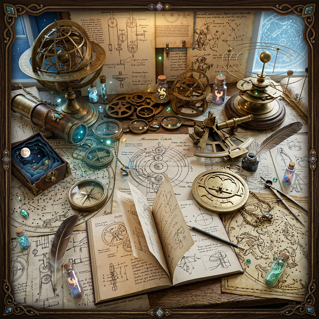 Layered scientific collage in fantasy setting