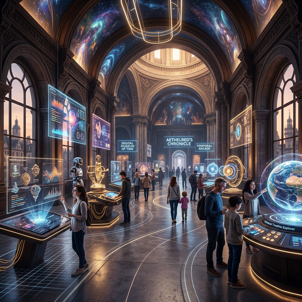 Museum hall with arches, people interacting with holographic digital displays about time and space