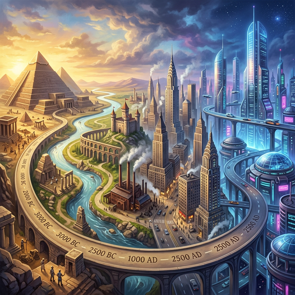 Timeline of civilizations from ancient pyramids to futuristic skyscrapers along a winding river